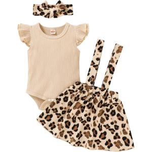 imageYOUNGER TREE Infant Toddler Baby Girl Summer Outfit Sunflower Strap Sets Sleeveless Romper Suspender Skirt 3pcs Clothing SetsLeopard