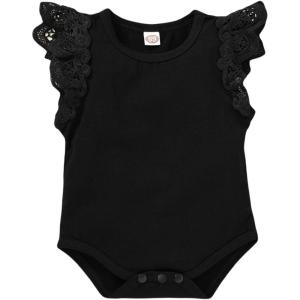 imageYOUNGER TREE Infant Toddler Baby Girls Romper Lace Flutter Sleeve Bodysuit Cotton Summer OutfitsBlack