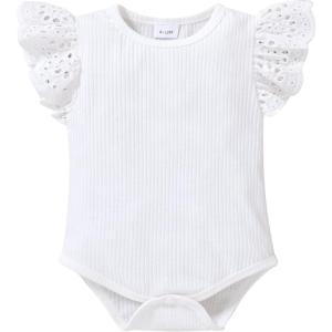imageYOUNGER TREE Infant Toddler Baby Girls Romper Lace Flutter Sleeve Bodysuit Cotton Summer OutfitsWhite Lace