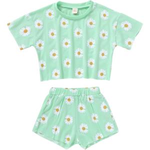 imageYOUNGER TREE Kids Toddler Baby Girls Shorts Outfits Set Leopard Print Ruffle TShirt Tops Short Pants Summer Clothes SetGreen Daisies