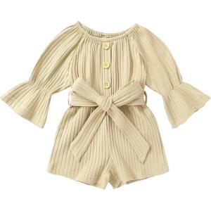 imageYOUNGER TREE Kids Toddler Baby Girls Summer Outfit OffShoulder Sunflower Overall Romper Jumpsuit Short Trousers ClothesBeige
