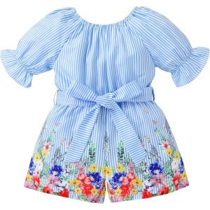 imageYOUNGER TREE Kids Toddler Baby Girls Summer Outfit OffShoulder Sunflower Overall Romper Jumpsuit Short Trousers ClothesBlue Striped
