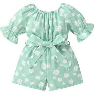 imageYOUNGER TREE Kids Toddler Baby Girls Summer Outfit OffShoulder Sunflower Overall Romper Jumpsuit Short Trousers ClothesGreen Floral
