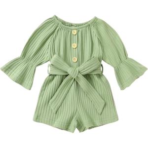 imageYOUNGER TREE Kids Toddler Baby Girls Summer Outfit OffShoulder Sunflower Overall Romper Jumpsuit Short Trousers ClothesLight Green