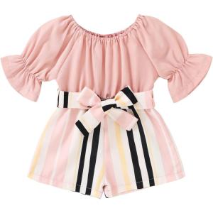 imageYOUNGER TREE Kids Toddler Baby Girls Summer Outfit OffShoulder Sunflower Overall Romper Jumpsuit Short Trousers ClothesPink Stripe