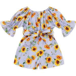 imageYOUNGER TREE Kids Toddler Baby Girls Summer Outfit OffShoulder Sunflower Overall Romper Jumpsuit Short Trousers ClothesSunflower