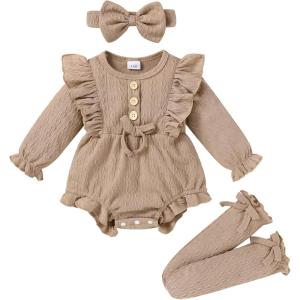 imageYOUNGER TREE Newborn Baby Girl Clothes Long Sleeve Button Dwon Romper Bodysuit Infant Fall Winter Outfits Baby Girl ClothingOatmeal