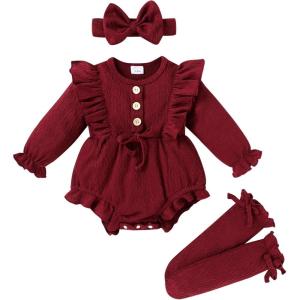 imageYOUNGER TREE Newborn Baby Girl Clothes Long Sleeve Button Dwon Romper Bodysuit Infant Fall Winter Outfits Baby Girl ClothingRedsanta