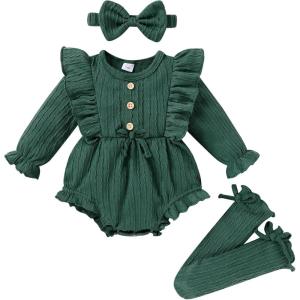 imageYOUNGER TREE Newborn Baby Girl Clothes Long Sleeve Button Dwon Romper Bodysuit Infant Fall Winter Outfits Baby Girl ClothingSoft Dark Green