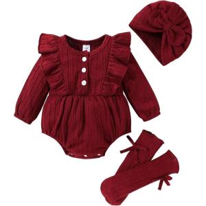 imageYOUNGER TREE Newborn Baby Girl Clothes Long Sleeve Button Dwon Romper Bodysuit Infant Fall Winter Outfits Baby Girl ClothingSolid Burgundy