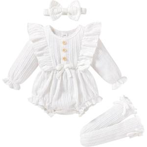 imageYOUNGER TREE Newborn Baby Girl Clothes Long Sleeve Button Dwon Romper Bodysuit Infant Fall Winter Outfits Baby Girl ClothingSolid White