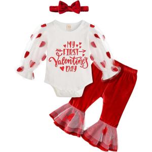 imageYOUNGER TREE Newborn Baby Girl My First Valentines Day Outfit Infant Long Sleeve Romper Tops and Bell Bottoms with HeadbandRed