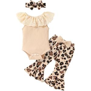 imageYOUNGER TREE Newborn Infant Baby Girl Clothes Outfits Romper Bodysuit Floral Cow Print Pants Headband 3Pcs Summer Clothes SetA1 Leopard