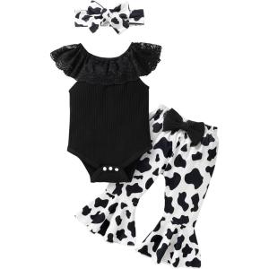 imageYOUNGER TREE Newborn Infant Baby Girl Clothes Outfits Romper Bodysuit Floral Cow Print Pants Headband 3Pcs Summer Clothes SetA3 Black