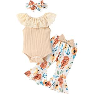 imageYOUNGER TREE Newborn Infant Baby Girl Clothes Outfits Romper Bodysuit Floral Cow Print Pants Headband 3Pcs Summer Clothes SetA5 Apricot