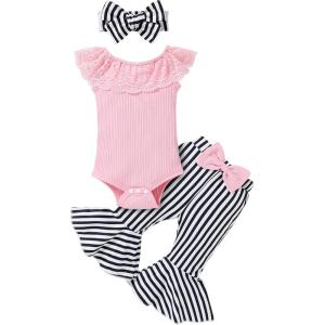 imageYOUNGER TREE Newborn Infant Baby Girl Clothes Outfits Romper Bodysuit Floral Cow Print Pants Headband 3Pcs Summer Clothes SetA7 Striped