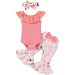 imageYOUNGER TREE Newborn Infant Baby Girl Clothes Outfits Romper Bodysuit Floral Cow Print Pants Headband 3Pcs Summer Clothes SetA8 Pink
