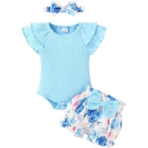 imageYOUNGER TREE Newborn Infant Baby Girl Clothes Romper Shorts Set Floral Summer Outfits Cute Baby Girl ClothingBlue Romper and Flower Shorts