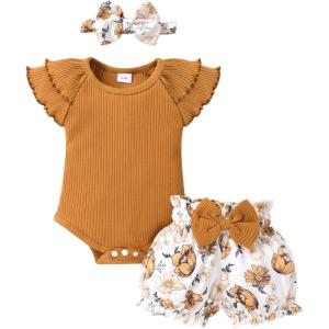imageYOUNGER TREE Newborn Infant Baby Girl Clothes Romper Shorts Set Floral Summer Outfits Cute Baby Girl ClothingBrown Romper and Flower Shorts