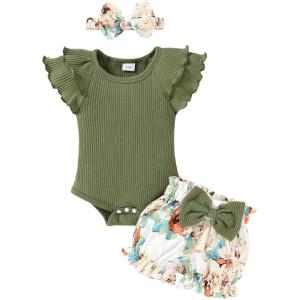 imageYOUNGER TREE Newborn Infant Baby Girl Clothes Romper Shorts Set Floral Summer Outfits Cute Baby Girl ClothingGreen Romper and Flower Shorts