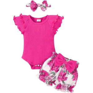 imageYOUNGER TREE Newborn Infant Baby Girl Clothes Romper Shorts Set Floral Summer Outfits Cute Baby Girl ClothingHot Pink Romper and Flower Shorts