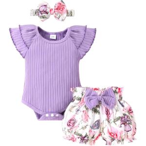 imageYOUNGER TREE Newborn Infant Baby Girl Clothes Romper Shorts Set Floral Summer Outfits Cute Baby Girl ClothingLavender Romper and Flower Shorts