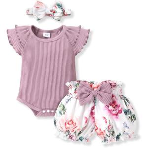 imageYOUNGER TREE Newborn Infant Baby Girl Clothes Romper Shorts Set Floral Summer Outfits Cute Baby Girl ClothingPurple Romper and Flower Shorts