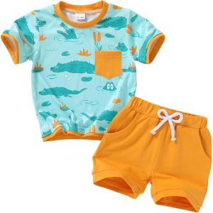 imageYOUNGER TREE Toddler Baby Boy Summer Clothes Dinosaur TShirt and Shorts Boy Outfits 12 Months to 4TCrocodile