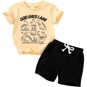imageYOUNGER TREE Toddler Baby Boy Summer Clothes Dinosaur TShirt and Shorts Boy Outfits 12 Months to 4TLight Yellow Dinosaur