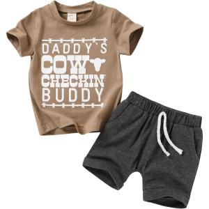 imageYOUNGER TREE Toddler Baby Boy Summer Clothes Short Sleeve Cow Letter Print TShirt  Shorts 2pcs Outfits SetCoffee