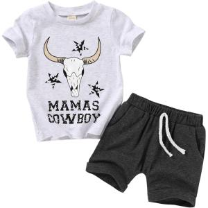 imageYOUNGER TREE Toddler Baby Boy Summer Clothes Short Sleeve Cow Letter Print TShirt  Shorts 2pcs Outfits SetWhite