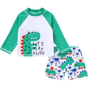 imageYOUNGER TREE Toddler Baby Boy Swimsuit Long Sleeve Bathing Suit Rash Guard Shirt Trunk Sets Swimwear Summer Clothes OutfitsDinosaurs Inviting You to Play