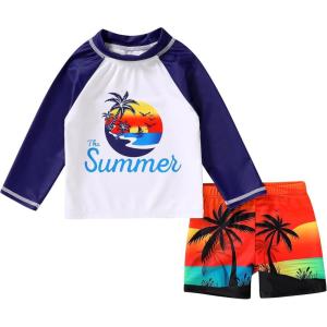 imageYOUNGER TREE Toddler Baby Boy Swimsuit Long Sleeve Bathing Suit Rash Guard Shirt Trunk Sets Swimwear Summer Clothes OutfitsOcean sailboats and Trees