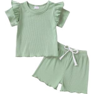 imageYOUNGER TREE Toddler Baby Girl Clothes Ribbed Knit Short Sleeve Tshirt Shorts Sets Little Girl Summer Outfits Clothing SetPeagreen