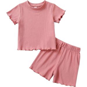 imageYOUNGER TREE Toddler Baby Girl Clothes Ribbed Knit Short Sleeve Tshirt Shorts Sets Little Girl Summer Outfits Clothing SetPink