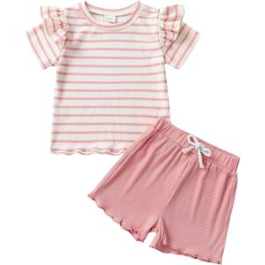 imageYOUNGER TREE Toddler Baby Girl Clothes Ribbed Knit Short Sleeve Tshirt Shorts Sets Little Girl Summer Outfits Clothing SetPink Stripspink Shorts