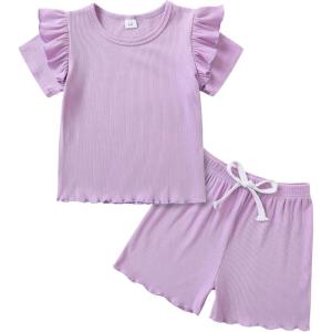 imageYOUNGER TREE Toddler Baby Girl Clothes Ribbed Knit Short Sleeve Tshirt Shorts Sets Little Girl Summer Outfits Clothing SetPurple
