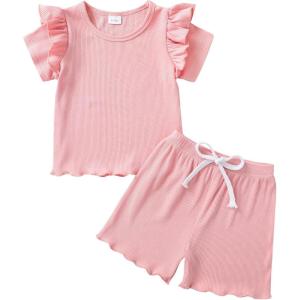 imageYOUNGER TREE Toddler Baby Girl Clothes Ribbed Knit Short Sleeve Tshirt Shorts Sets Little Girl Summer Outfits Clothing SetSolid Pink