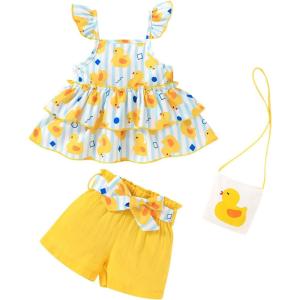 imageYOUNGER TREE Toddler Baby Girl Clothes Ruffle Sleeveless Strap Dress Tank Shorts Set Summer Outfits With BagBlue Stripes and Ducks
