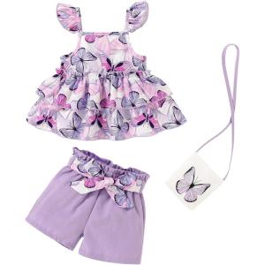 imageYOUNGER TREE Toddler Baby Girl Clothes Ruffle Sleeveless Strap Dress Tank Shorts Set Summer Outfits With BagButterfly