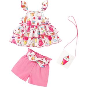 imageYOUNGER TREE Toddler Baby Girl Clothes Ruffle Sleeveless Strap Dress Tank Shorts Set Summer Outfits With BagIce Cream