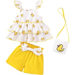 imageYOUNGER TREE Toddler Baby Girl Clothes Ruffle Sleeveless Strap Dress Tank Shorts Set Summer Outfits With BagLittle Yellow Duck