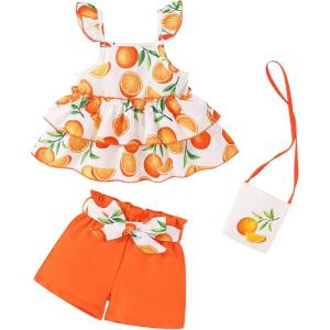 imageYOUNGER TREE Toddler Baby Girl Clothes Ruffle Sleeveless Strap Dress Tank Shorts Set Summer Outfits With BagOrange