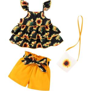 imageYOUNGER TREE Toddler Baby Girl Clothes Ruffle Sleeveless Strap Dress Tank Shorts Set Summer Outfits With BagSunflower