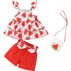 imageYOUNGER TREE Toddler Baby Girl Clothes Ruffle Sleeveless Strap Dress Tank Shorts Set Summer Outfits With BagWatermelon