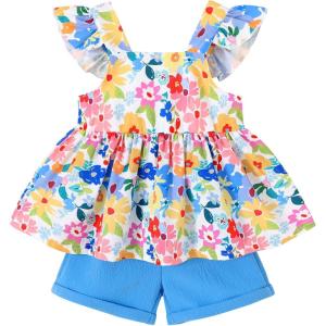 imageYOUNGER TREE Toddler Baby Girl Clothes Sleeveless Ruffle Bowknot Dress Top Shorts Set Summer Outfits for Little Kids GirlsBeautiful Flowerblue Shorts