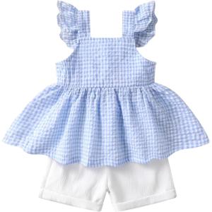 imageYOUNGER TREE Toddler Baby Girl Clothes Sleeveless Ruffle Bowknot Dress Top Shorts Set Summer Outfits for Little Kids GirlsBlue Grid