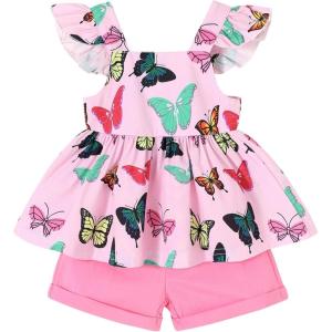 imageYOUNGER TREE Toddler Baby Girl Clothes Sleeveless Ruffle Bowknot Dress Top Shorts Set Summer Outfits for Little Kids GirlsButterflypink Shorts