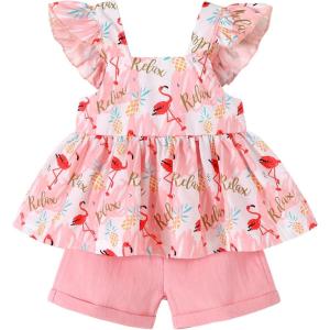 imageYOUNGER TREE Toddler Baby Girl Clothes Sleeveless Ruffle Bowknot Dress Top Shorts Set Summer Outfits for Little Kids GirlsFlamingo and Pineapple