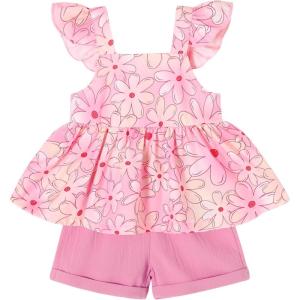 imageYOUNGER TREE Toddler Baby Girl Clothes Sleeveless Ruffle Bowknot Dress Top Shorts Set Summer Outfits for Little Kids GirlsPink Romantic Flower